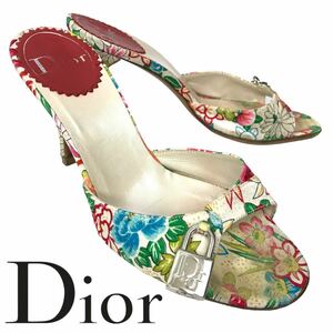 k49 Christian Dior ディオール ロゴ パドロック 鍵 チャーム サンダル ミュール フラワー 花柄 36 イタリア製 和柄 ヴィンテージ 正規品