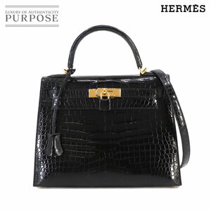 新品同様 エルメス HERMES クロコダイル ケリー 28 2way ハンド ショルダー バッグ ポロサス ブラック 外縫い □F刻印 90232215