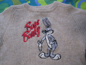 1993年製 ルーニーテューンズ バックスバニー Bugs Bunny 刺繍 セーター キッズL ウール100 USEDキレイ ワーナー WARNER ロードランナー