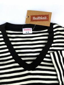 新品 ヘルスニット Healthknit★VネックボーダーTシャツ M 38 黒白