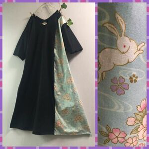 handmade::ウサギと桜花柄ブラックワンピース：和風着物ハンドメイドコットンリネン綿麻ゆったりドルマンスリーブ日本水色ブルーピンク黒