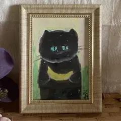 絵画。原画手描【黒猫が月を抱いて心の願いを訴える】