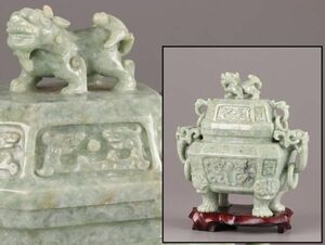 中国古玩 唐物 緑砡石 翡翠 置物 遊環 香炉 時代物 極上品 初だし品 C5738
