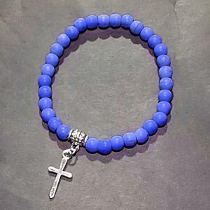 十字架　クロスモチーフ　天然石　ブルー　青色　ビーズ　ブレスレット　数珠