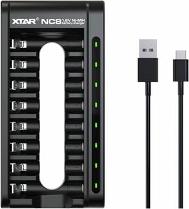 XTAR NC8 1.2V AA/AAAニッケル水素電池充電器 単三単四充電池 8本同時充電 Type-C入力