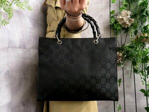 ●超美品●GUCCI グッチ●バンブー●GGナイロン カーフ レザー 本革●ハンド バッグ●黒●SV金具●腕掛け●A4 収納●書類 かばん●Js45025