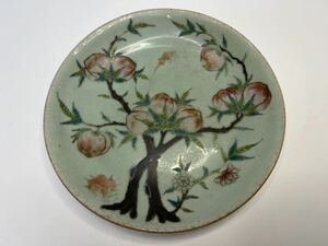 中国 古美術 清時代 粉彩 桃 皿 陶磁器 唐物 時代物 中国古玩 在銘 古物保証 