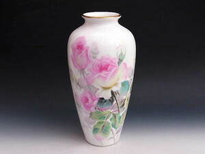 サイン入り 大輪の薔薇絵 ボーンチャイナ 花瓶 ◆ プレミアノリタケ 