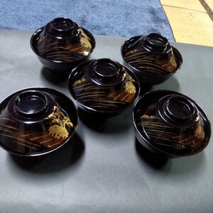 輪島塗吸い物椀山水蒔絵5客、フタ、富士型、写真で見てお願いします。