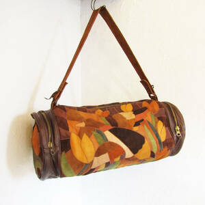 ★70s Vintage Mexico leather patchwork bird & flower design boston bag