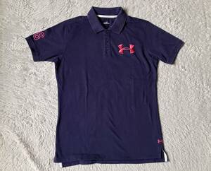 ★中古★UNDER ARMOUR アンダーアーマー 半袖 ポロシャツ Lサイズ 刺繍ロゴ 鹿の子 Mサイズ 紺 ネイビー