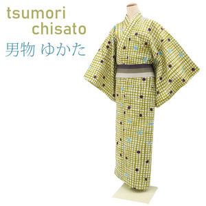 夏物 ツモリチサト tsumori chisato 男物 浴衣 綿麻 緑黄色 水色 茶 格子 ドット 手縫仕立て 新品 仕立て上がり Ｌサイズ みやがわ sb11425