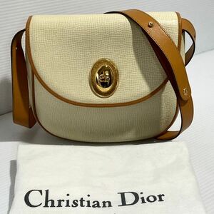 ほぼ未使用 ■Dior CD クリスチャンディオール Christian オールド レザー型押し ショルダートート2way 保存袋 アイボリー 茶