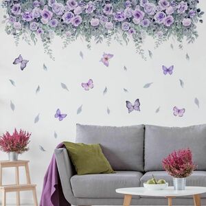 ウォールステッカー 花 蝶 薔薇 紫 パープル 模様替え 壁紙 フェミニン