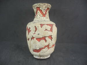 中國 銅胎堆白紅地花瓶 細工 時代物 古作唐物