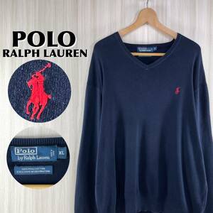 【90s】POLO ポロバイラルフローレン 刺繍 レッドポニー Vネック コットンニット セーター XL表記 濃紺 ネイビー 90年代 アメカジ 古着