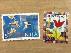 外国切手　スロベニアとスロバキア　天使と子供の絵　1種完+1種完　未使用
