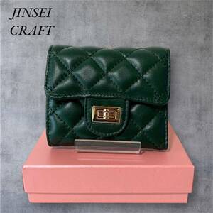 箱付き新品■ラムレザー 財布■柔らかい羊革製 コンパクト ウォレット■緑×金