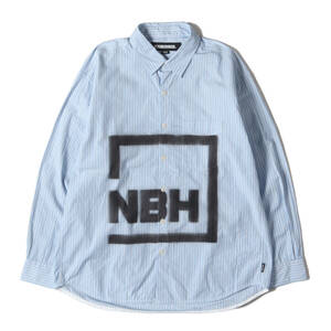 美品 NEIGHBORHOOD ネイバーフッド シャツ サイズ:M 22AW ステンシルプリント ストライプ 長袖シャツ NBHD SH LS.CO ブルー ホワイト