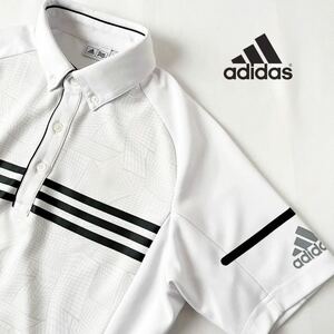 (美品) アディダス adidas 吸汗速乾 ボタンダウン ポロシャツ M ホワイト ブラック 半袖 ゴルフ シャツ 