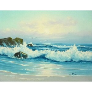 油彩画 洋画 肉筆油絵 F6号 「波 海 海景画」-248-特価-