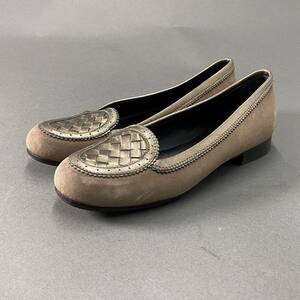 BOTTEGA VENETA　ヌバックレザー　ゴールドイントレチャーチ　フラットパンプス　15mm　EU361/2　Made In Italy 美品　