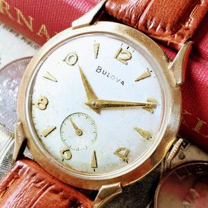 #3007【シックでお洒落】メンズ 腕時計 ブローバ BULOVA 手巻き 動作品 アンティーク ヴィンテージ 機械式 新品ベルト付 金張り ゴールドF