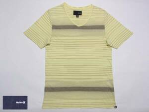 送料込・USED ハーレー Hurley ロゴ入 ボーダー柄Vネック半袖Tシャツ 黄 Sサイズ