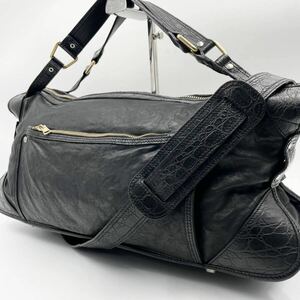 1円【極美品】CELINE セリーヌ ハンドバッグ ショルダー ボストンバッグ 2way クロコ型押しエンボス レザー 本革 ブラック 黒 メンズ