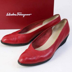 フェラガモ 7 1/2C(25cm) リザード調 ウェッジソールパンプス 赤 レッド レザー Ferragamo★793v18