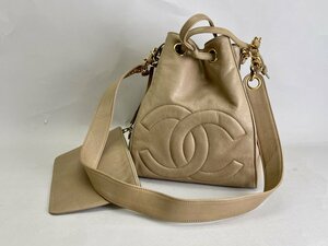 CHANEL シャネル レザー チェーンショルダー 巾着バッグ ベージュ 金色金具 ココ ブティックシール/シール付[03-3753