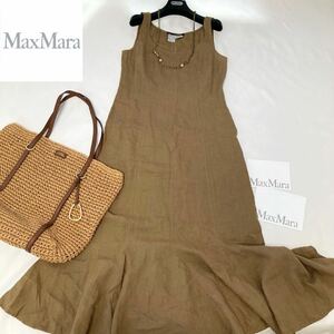 ★美品★マックスマーラ★MaxMara 42/M-L 洗える♪ピュアリネン100%☆マキシロングワンピース サマードレス 麻素材 リゾート 旅行 おでかけ