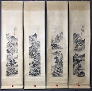 中国画 近現代画家 呉湖帆 山水画 四條屏 手描き作品 掛軸 巻き物 宣紙 時代物 中国美術 賞物 美術品 AH81