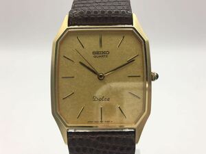 (R327) 【稼動】セイコー ドルチェ 9521-5181 クォーツ メンズ腕時計 社外ベルト&バックル ゴールドカラー スクエア 