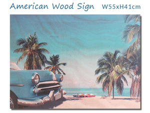 ウッデン アートピクチャー L (ブルー カー) 青い車 壁掛け ヤシの木 サーフィン 写真 木製 海 ハワイ 西海岸風 インテリア アメリカン雑貨