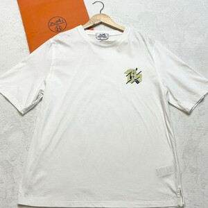 極美品/Lサイズ●エルメス HERMES 23SS ラウンドネック ミニ レザー パッチ Tシャツ 半袖カットソー ホワイト メンズ 正規品