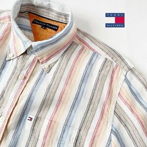 トミー ヒルフィガー TOMMY HILFIGER ボタンダウン リネン 長袖シャツ M (日本L) マルチ ストライプ 麻 シャツ 