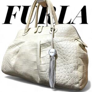 FURLA クロコ型押し ハンドバック ホワイト ボストン 大容量