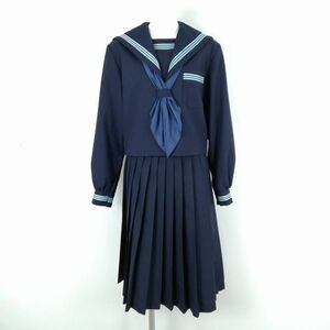 1円 セーラー服 スカート スカーフ 上下3点セット 大きいサイズ 冬物 水色3本線 女子 学生服 中学 高校 紺 制服 中古 ランクC EY7749