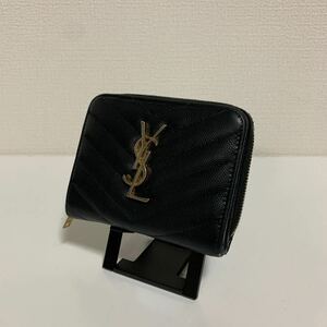 美品　SAINT LAURENT サンローラン　Vステッチ　折り財布　YSL 金ロゴ　ブラック