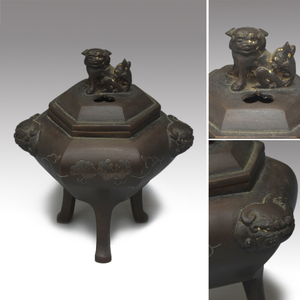 中国美術 時代 三足 獅子香炉 銅製 重量：５１６ｇ 象嵌 金工 金属工芸 香道具　z7241j
