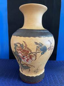 中国古盆器　中国宜興　　文革期　在落款刻　漢文花鳥図　釘彫　漢詩　花瓶　27cm