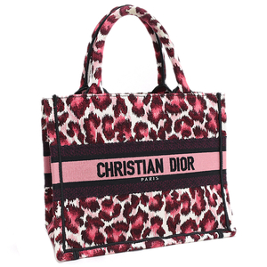 新品同様 クリスチャンディオール ブックトート スモール ハンドバッグ レオパード キャンバス ピンク系 Christian Dior