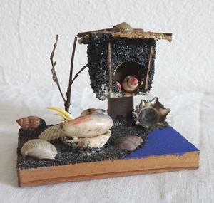 古い こけし 貝殻細工 鳥の親子 民芸品 土産 郷土玩具 ミニこけし 昭和レトロ