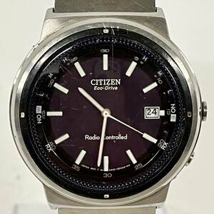 1円~【実動】シチズン CITIZEN エコドライブ Eco-Drive 4-T007066 電波ソーラー メンズ腕時計 紺文字盤 デイト 純正ベルト 3針 G153379