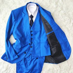 ★未使用★スーツ　セットアップ　スリーピース　テーラードジャケット　3XL　ブルー　青　センターベンド　ブレザー　メンズ