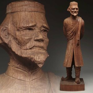 ES488 時代 大振 木彫「ヨハネス・グーテンベルク」置物 高62.7cm 重2.8kg・木彫人物像・木雕男性像