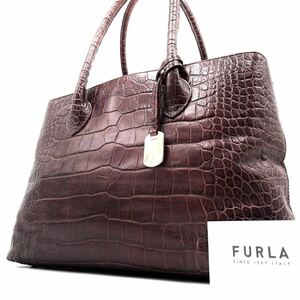 1円《 美品・最高級 》FURLA フルラ ビジネス トートバッグ クロコ型押し メンズ 肩掛け A4 PC収納◎ ユニセックス レザー ボルドー