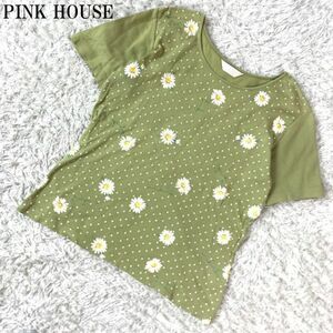 PINK HOUSE ピンクハウス 花柄半袖Tシャツ モスグリーンカジュアル コットン100% 多少の毛羽立ち有 M B2957