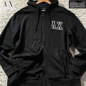 極美品/L相当●アルマーニ エクスチェンジ パーカー ダブルジップ フード ジャケット ARMANI EXCHANGE AXロゴ 背面ロゴ刺繍ワッペン 黒